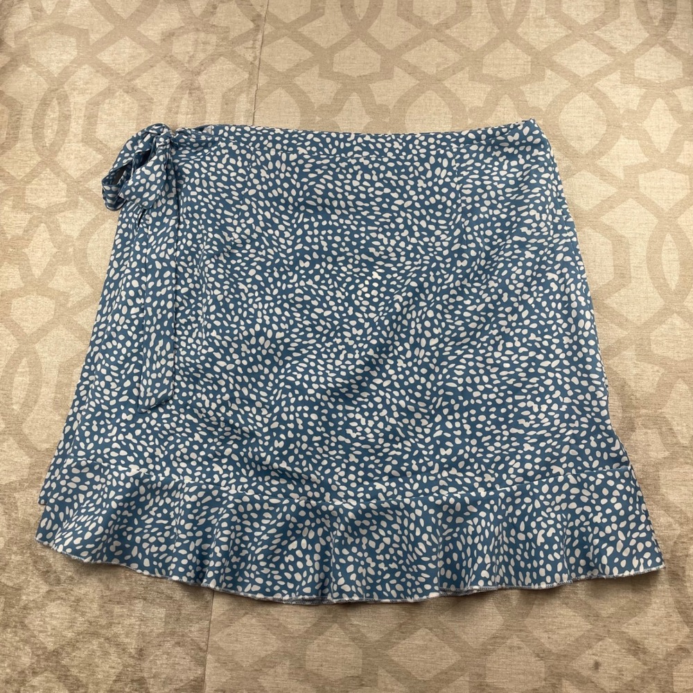 Naggoo Wrap Ruffle Skirt Women Large Blue White Polka Dot Summer Mini Skirt New